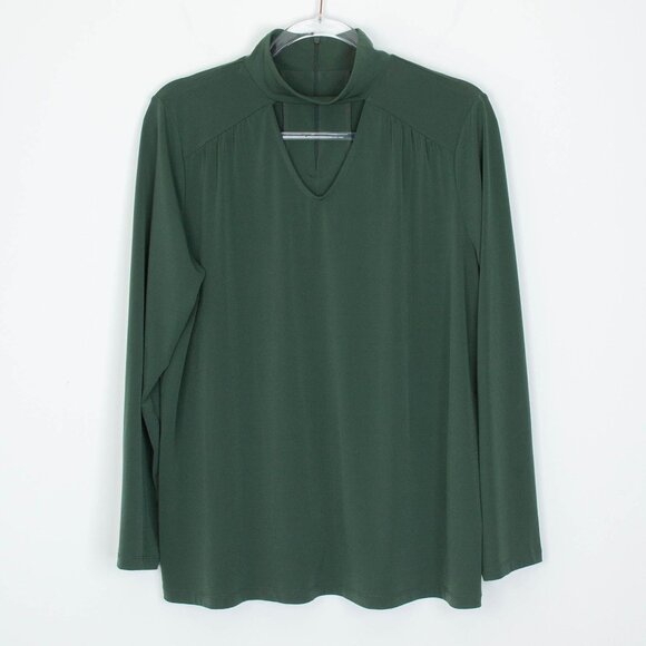 Susan Graver Womens Liquid Knit Keyhole Mock Neck Blouse Size L Green Stretch - Picture 1 of 9